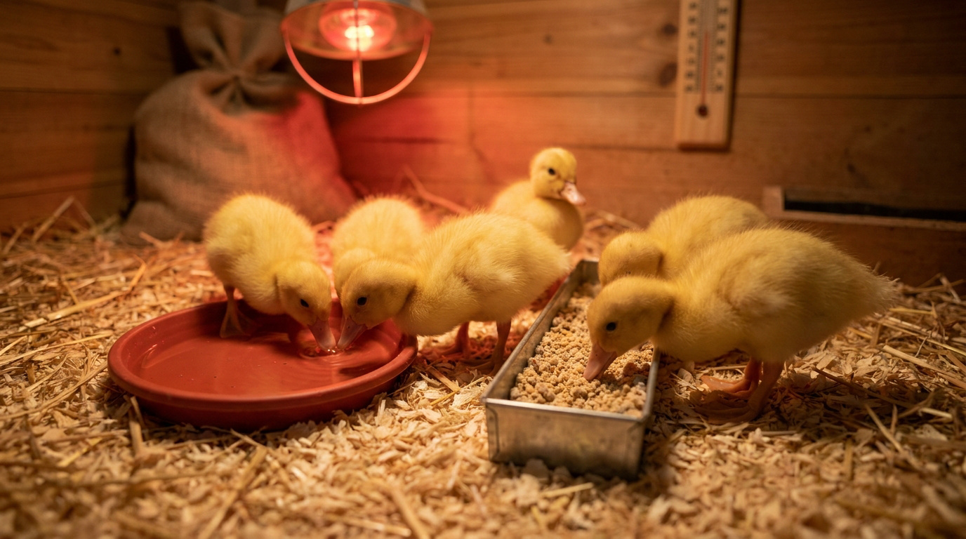Canetons nouveau-nés dans une poussinière chauffée