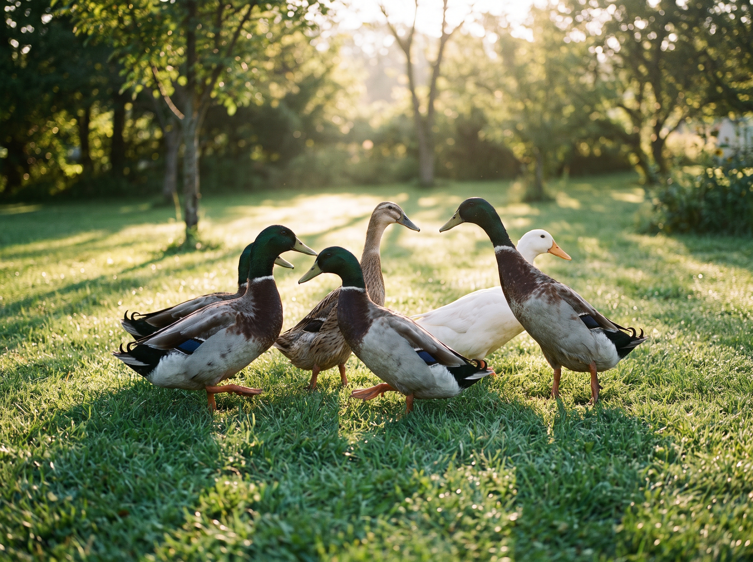 Groupe de canards se déplaçant ensemble dans un jardin