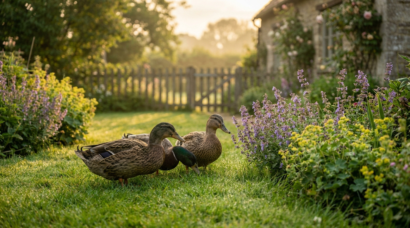 Canards dans un jardin résidentiel en zone pavillonnaire