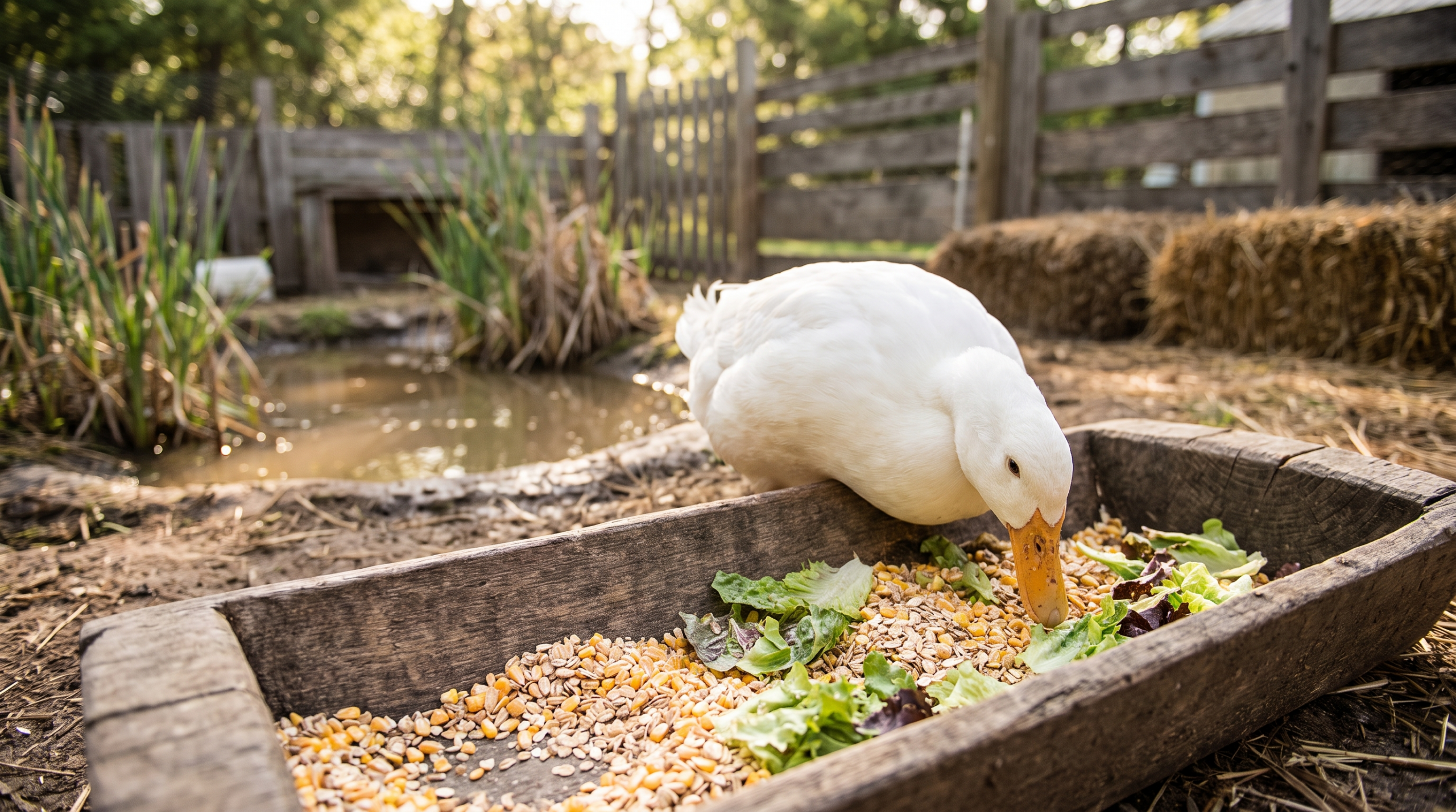 Canard blanc mangeant des céréales et de la salade dans une mangeoire en bois près d'une mare