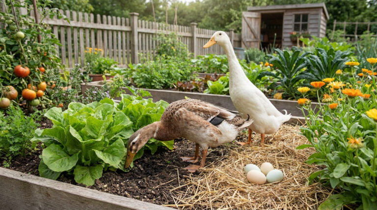 Canards Coureurs Indiens dans un potager près d'un nid d'œufs