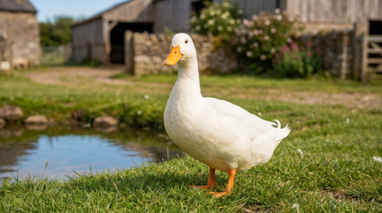 Canard de Pékin blanc au bec orange dans un jardin