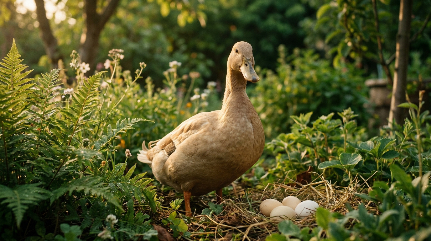 Canard Kaki Campbell au plumage brun kaki dans un jardin