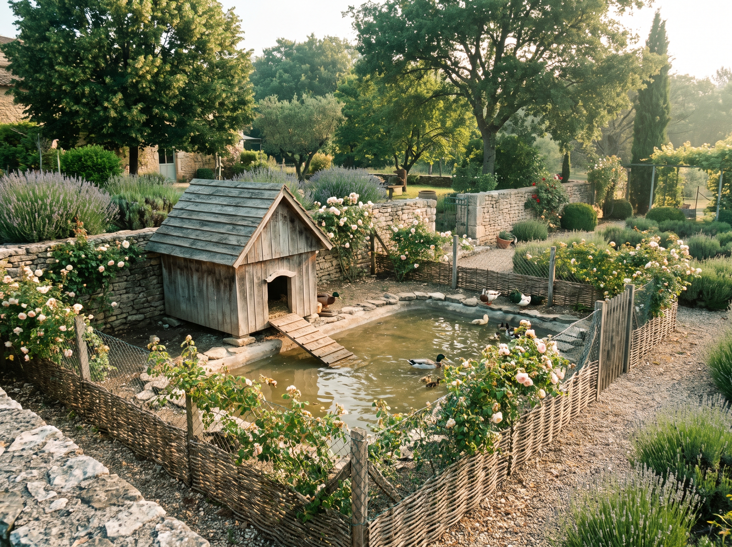Canardière avec abri en bois, petite mare et clôture dans un jardin