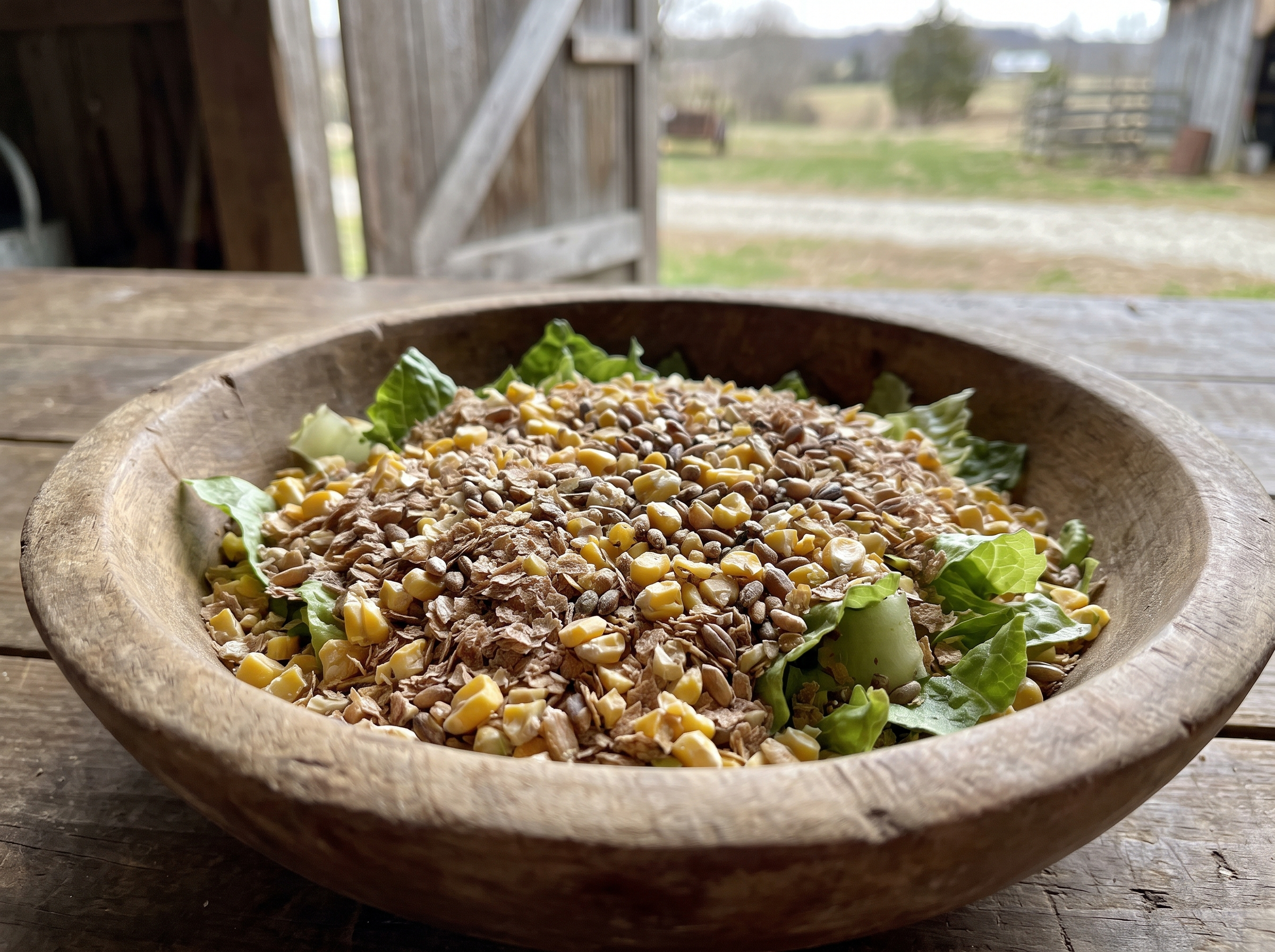 Bol en bois avec maïs concassé, son de blé et salade fraîche pour l'alimentation d'un canard