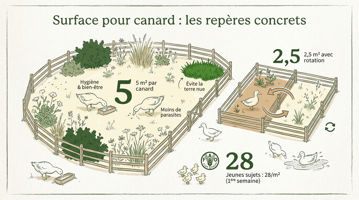 Schéma illustrant la surface idéale et l'aménagement d'un parcours pour canards en extérieur