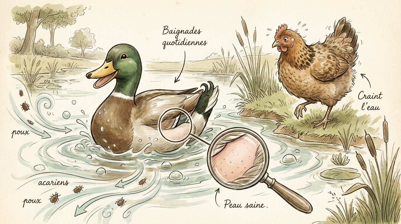 Un canard se baignant joyeusement pendant qu'une poule observe à distance au sec