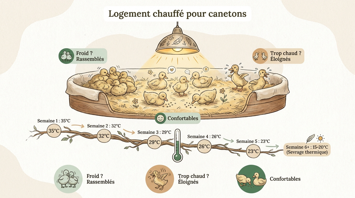Infographie expliquant le réglage de la température et l'aménagement de la poussinière pour élever des canetons en bonne santé