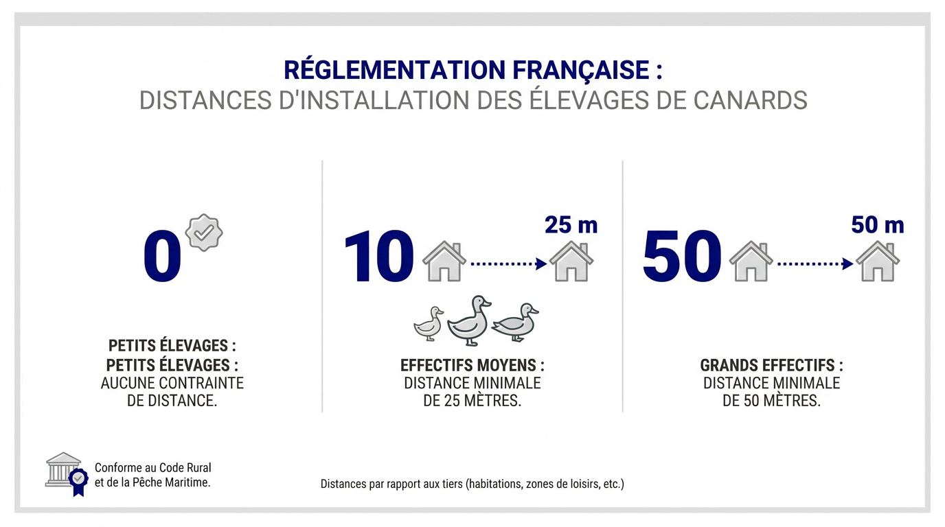 Schéma explicatif des distances de recul pour l'élevage de canards chez un particulier selon le nombre d'oiseaux