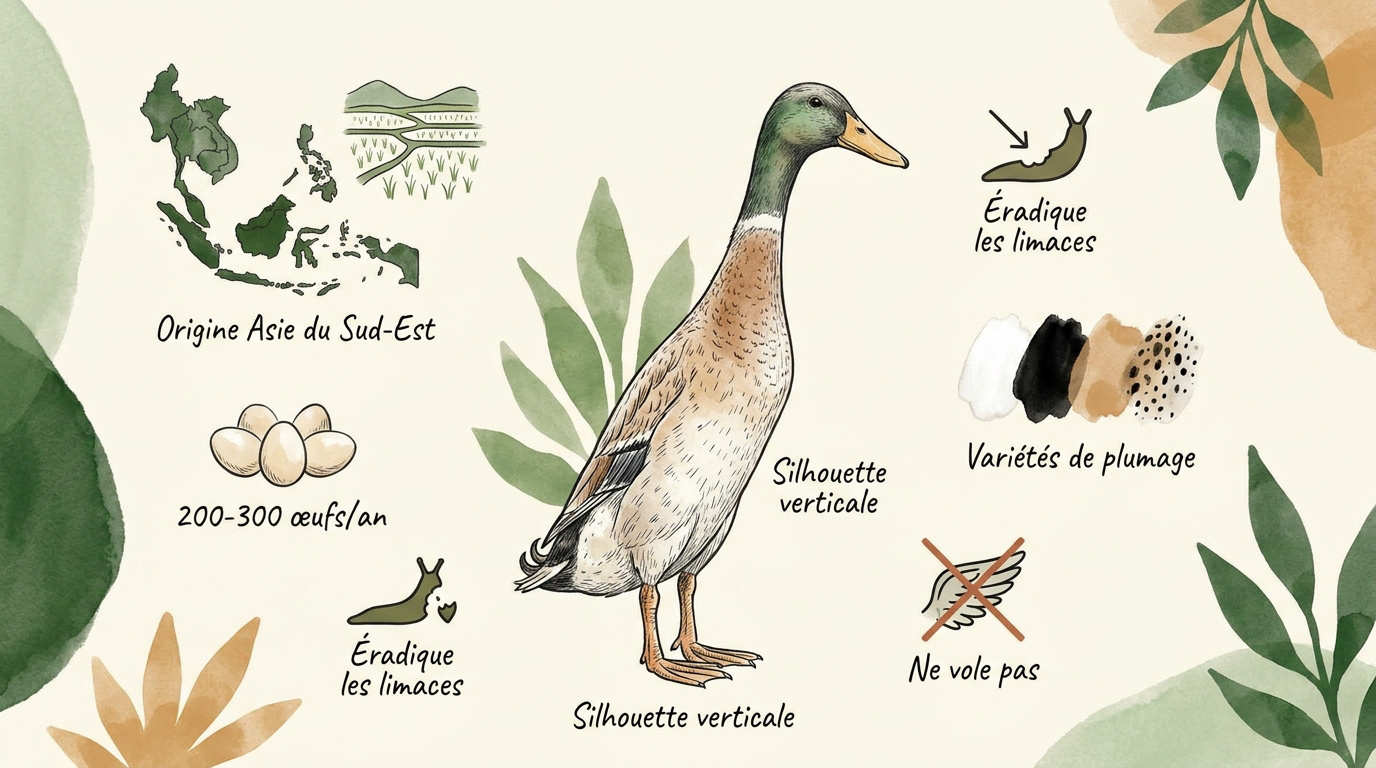 Canard Coureur Indien debout dans un jardin montrant sa silhouette verticale