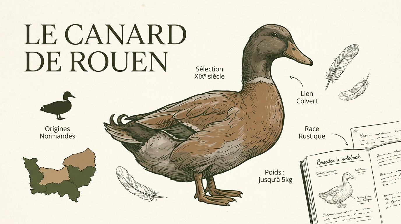 Canard de Rouen mâle et femelle dans une basse-cour normande