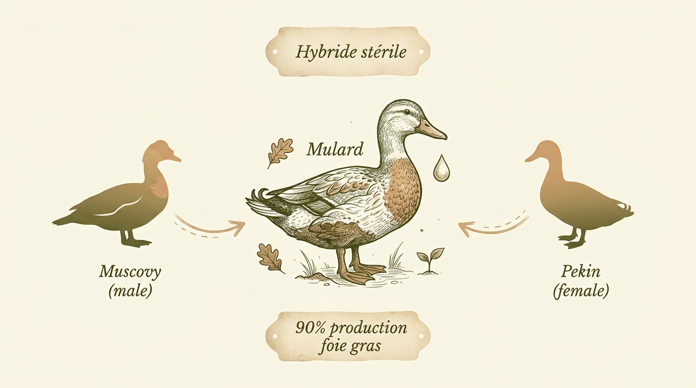 Canard mulard dans une basse-cour, illustration de l'hybride stérile français
