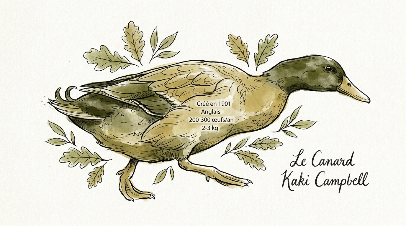 Illustration naturaliste d'un canard Kaki Campbell au plumage brun et beige