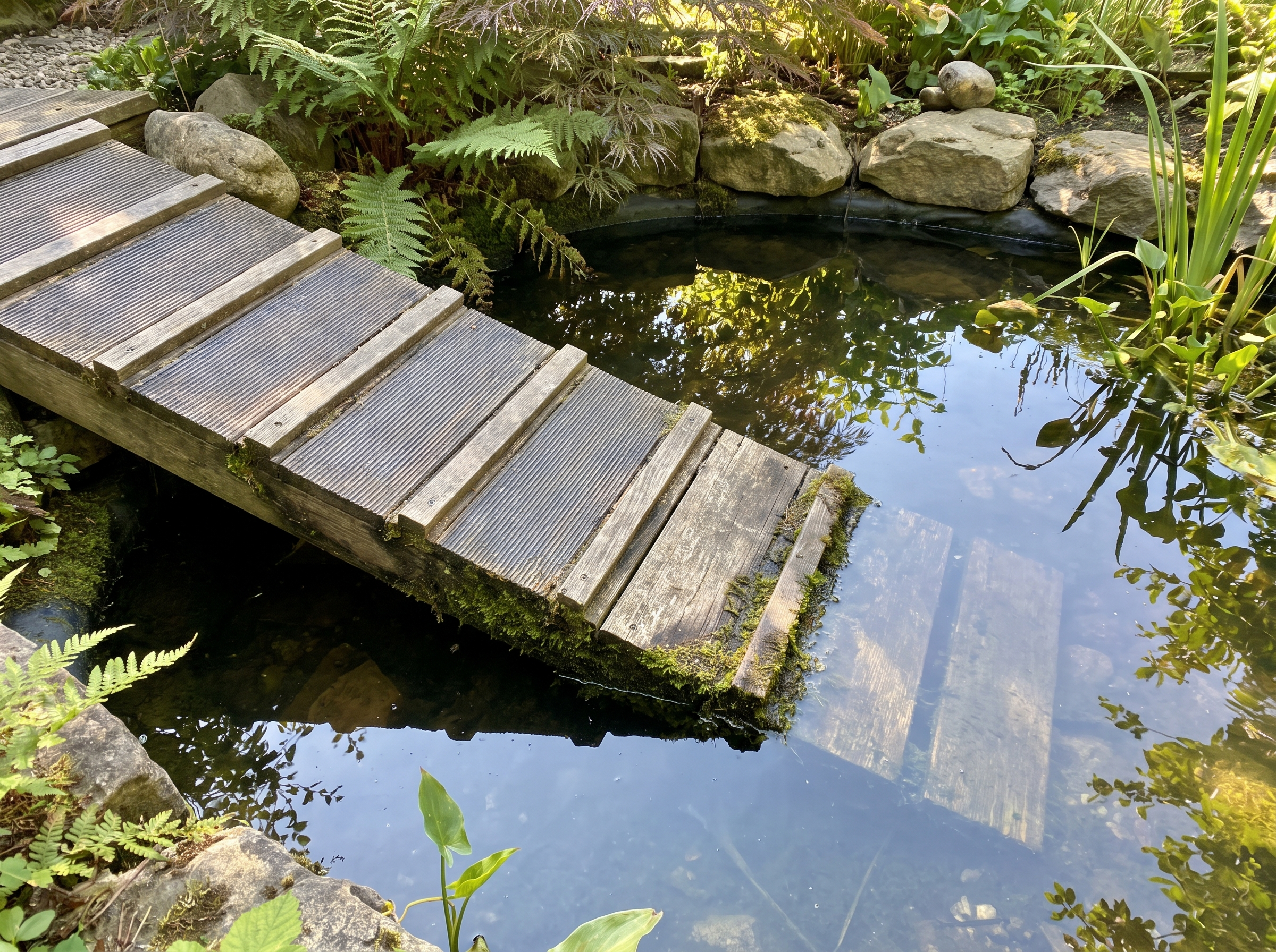Petite mare artificielle avec rampe de sortie pour canards dans un jardin