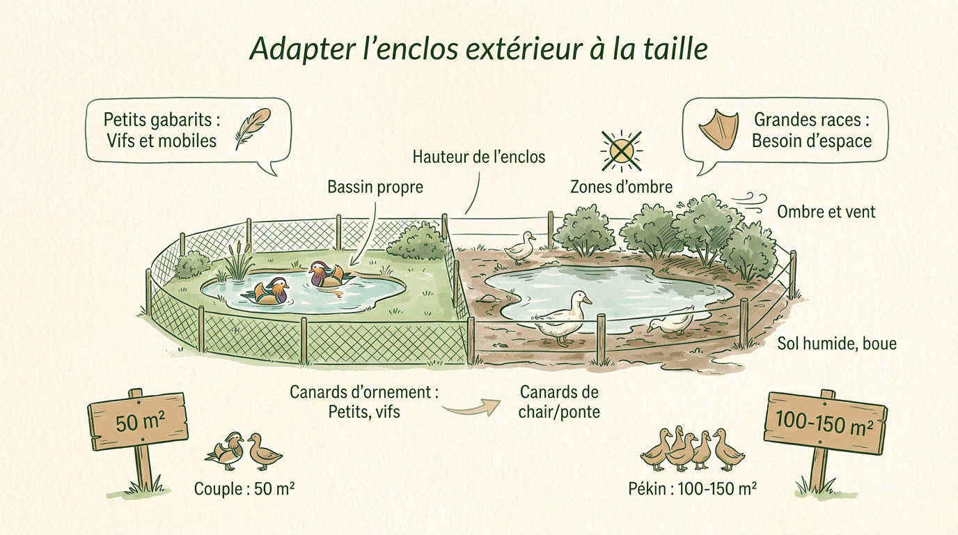 Canards de différentes races dans un grand enclos herbeux avec bassin