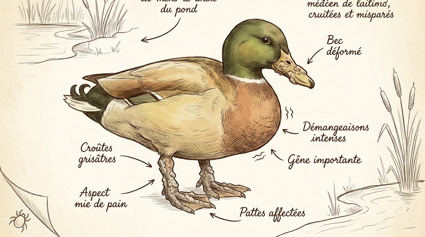 Canard domestique présentant des croûtes de gale sur les pattes et le bec