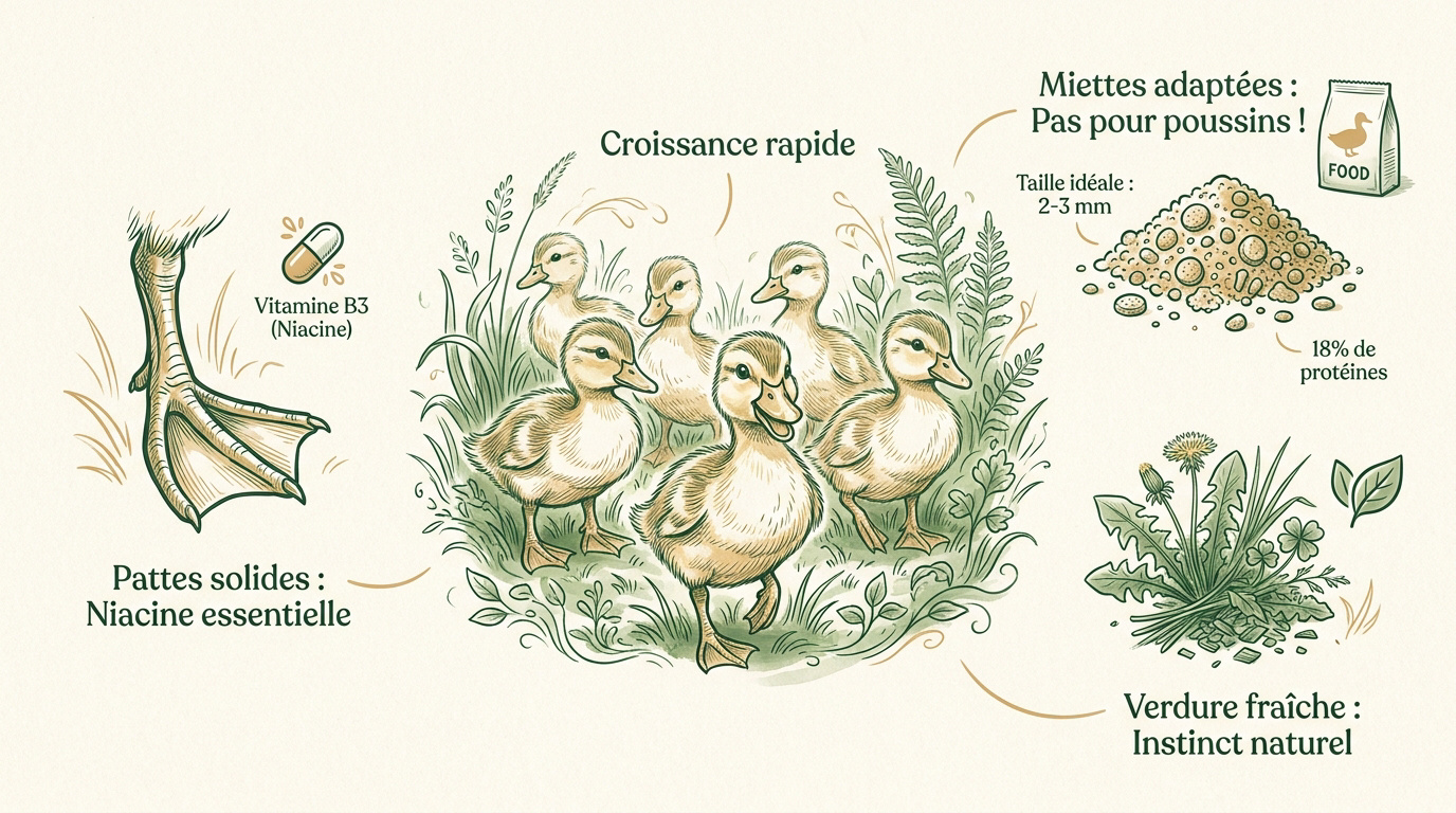 Infographie sur les soins essentiels et l'alimentation des canetons en croissance