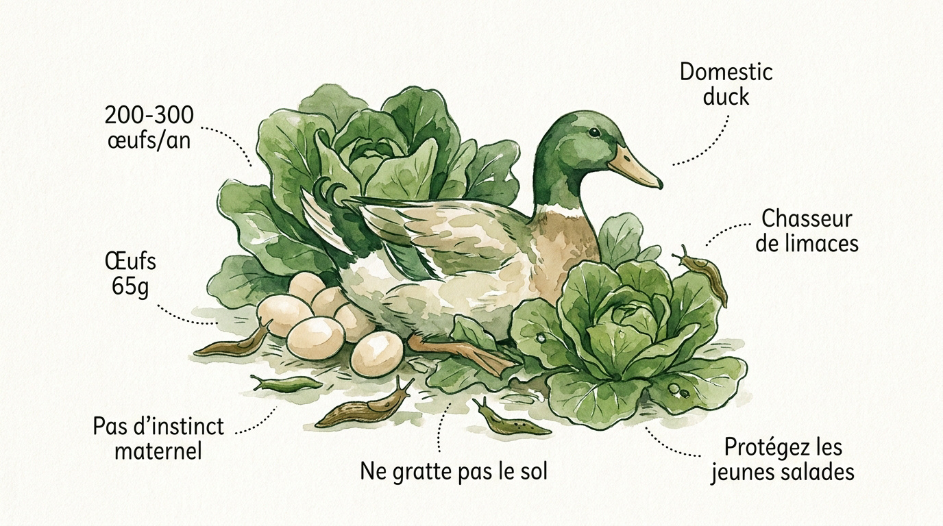 Canard Coureur Indien dans un potager ramassant des limaces