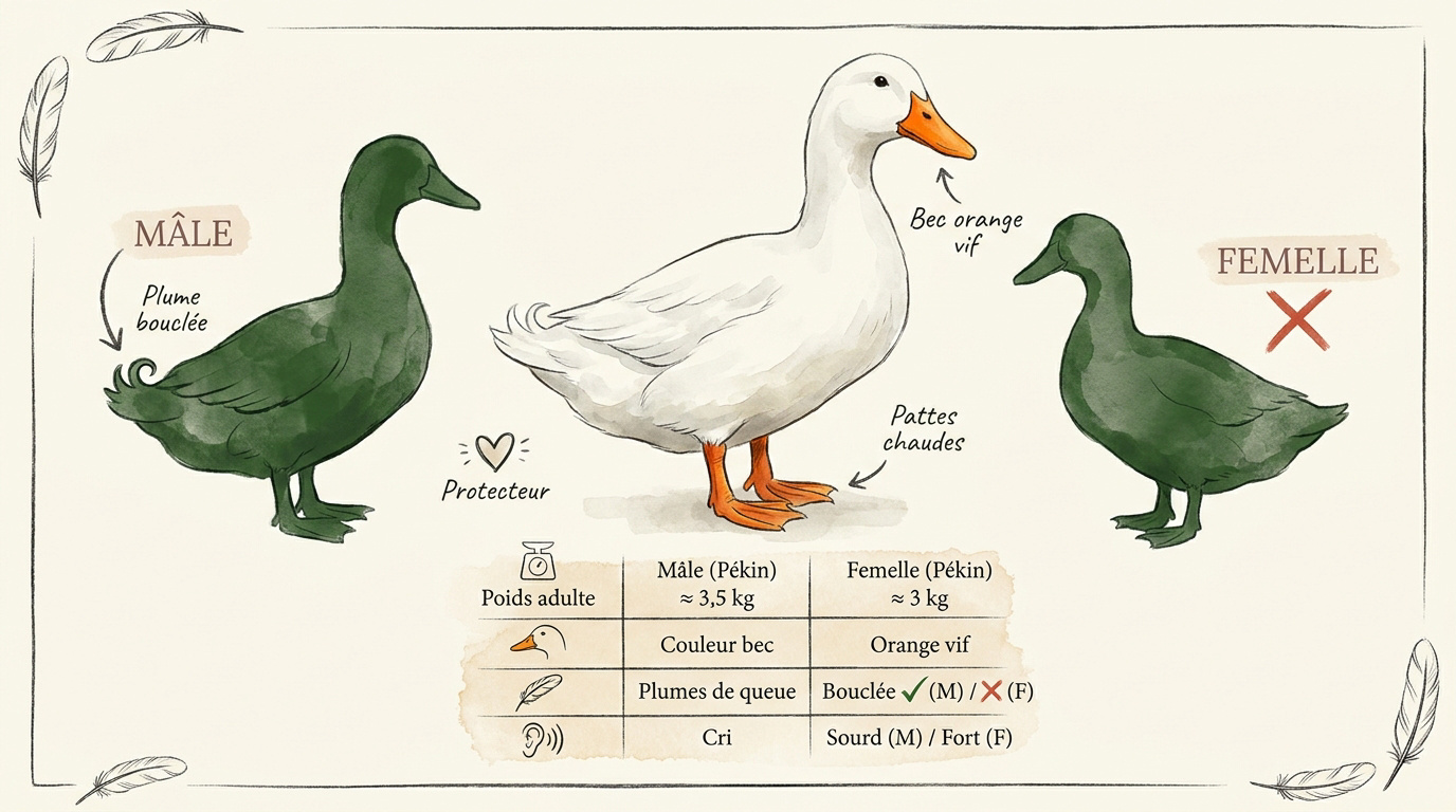 Différences visuelles entre le canard de Pékin mâle et la femelle au niveau de la queue et de la stature