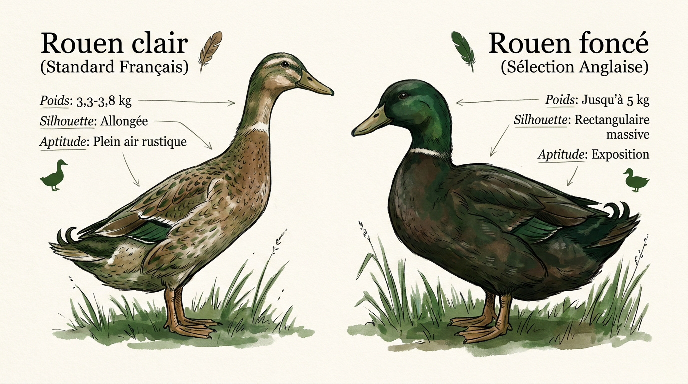 Comparaison entre le canard de Rouen clair français et le Rouen foncé anglais