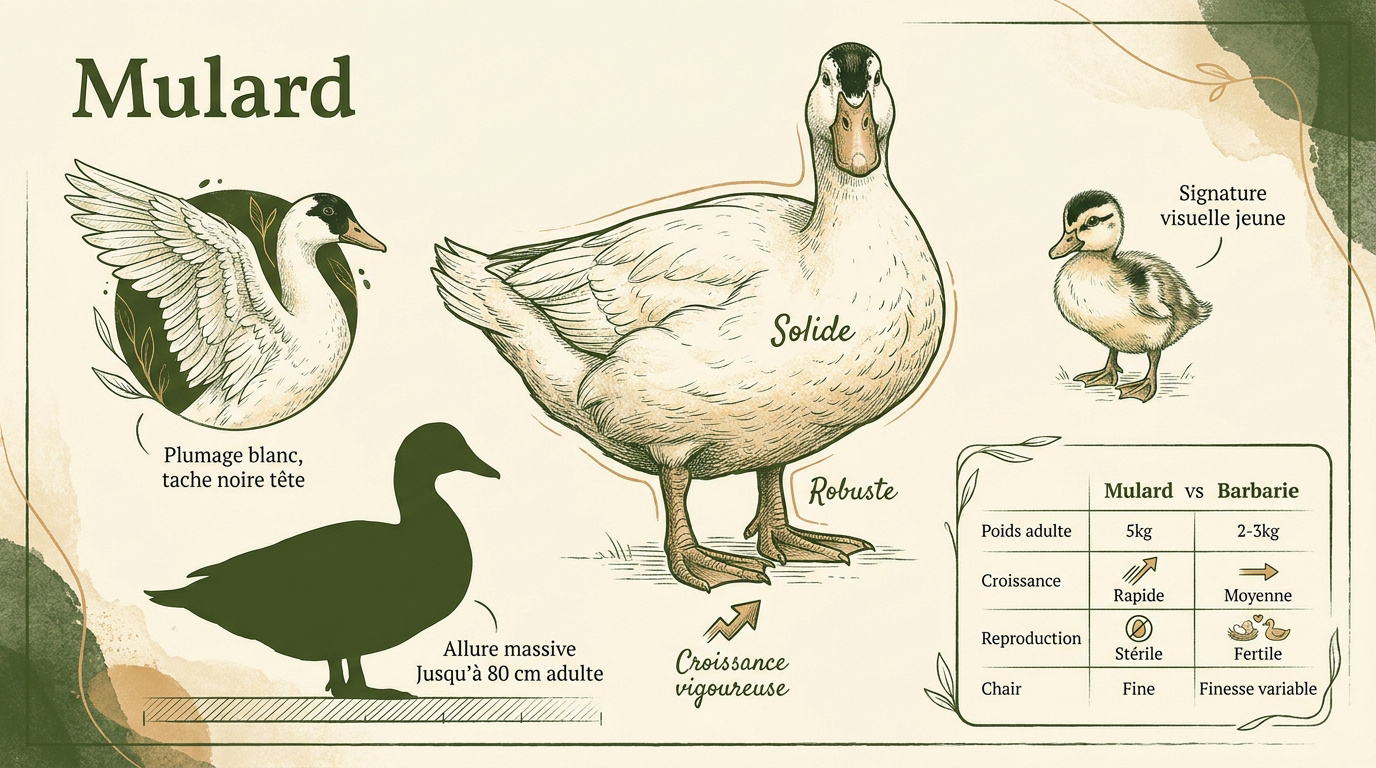Infographie présentant les caractéristiques physiques et d'élevage du canard mulard