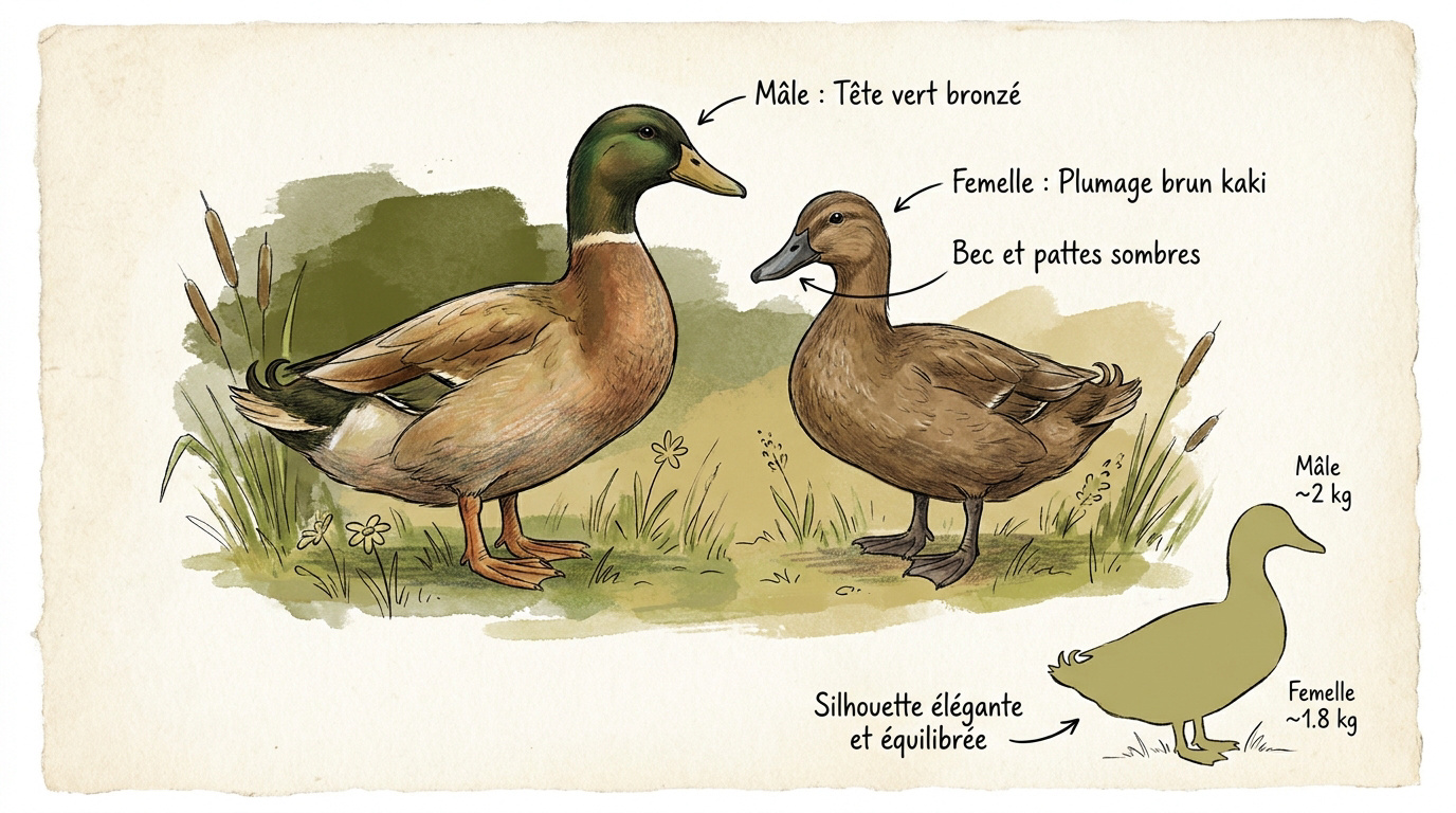 Couple de canards Khaki Campbell mâle et femelle dans une basse-cour